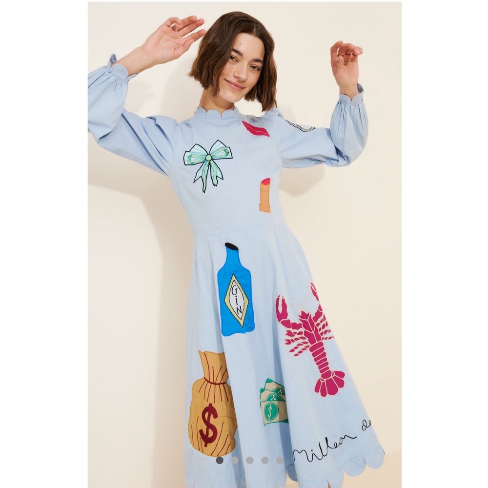 Anthropologie x Stella Nova Circus Midi Dress Blue Scalloped Embroidered Lobster - Picture 1 of 4
